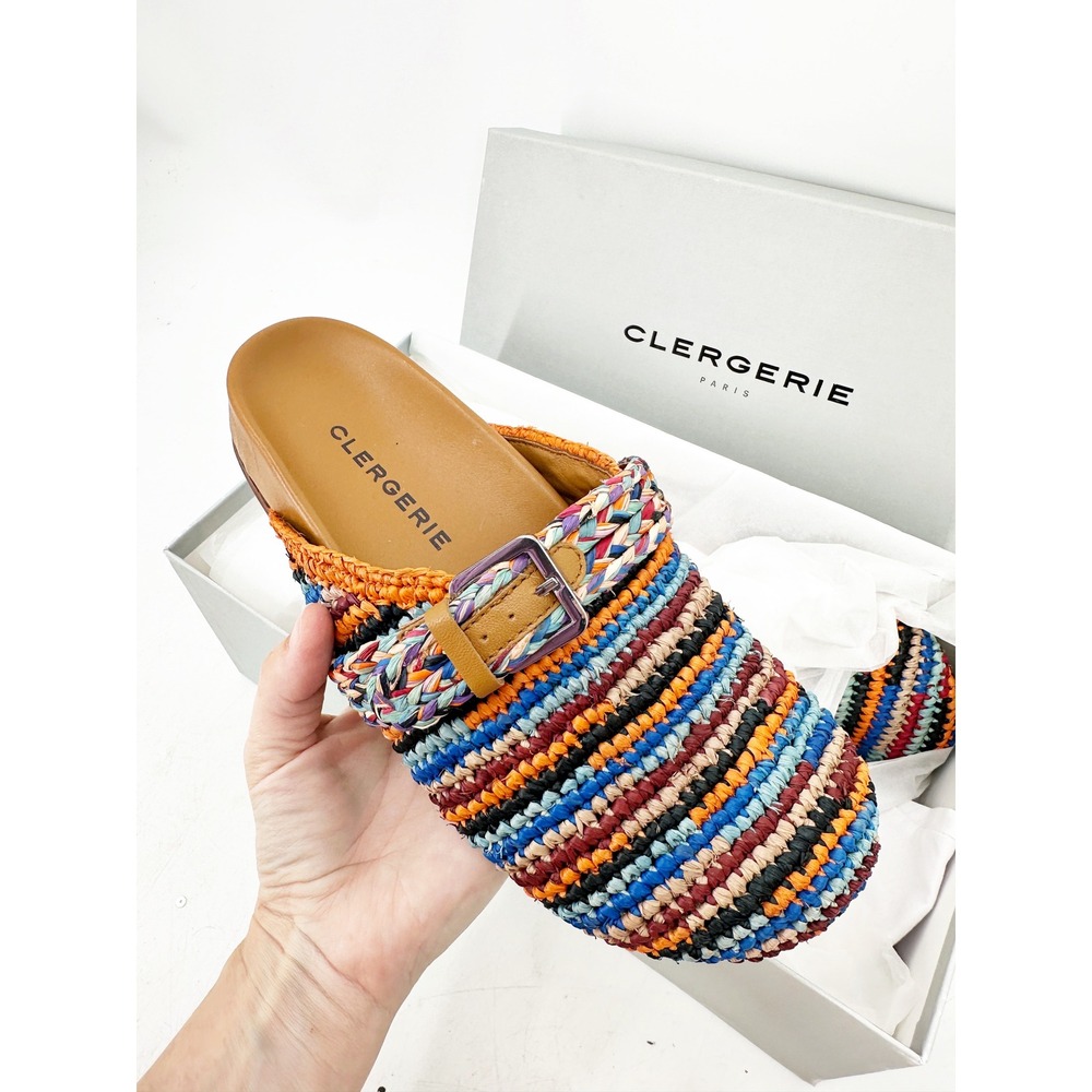 Clergerie Quinta Mules Size 37 Multi‎ Color Woven Raffia Buckle Slides Boho
